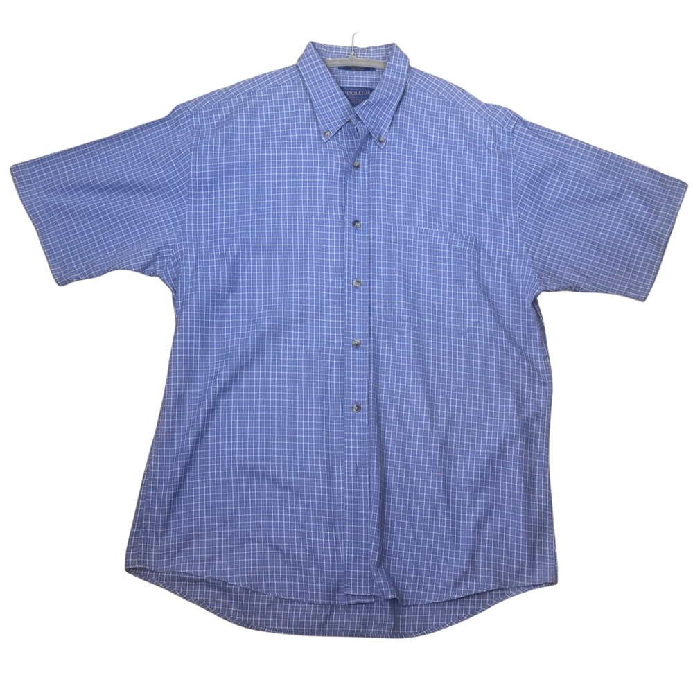 Pendleton Button Down Shirt Large Blue Check‎ Broadway Cloth Cotton Short Sleeve